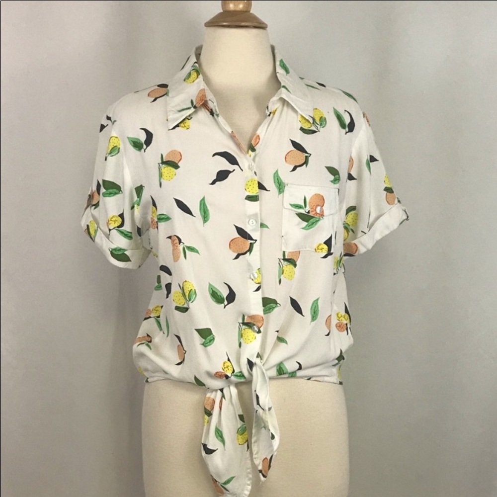 Japna White Fruit Print Button Up Top With Tie